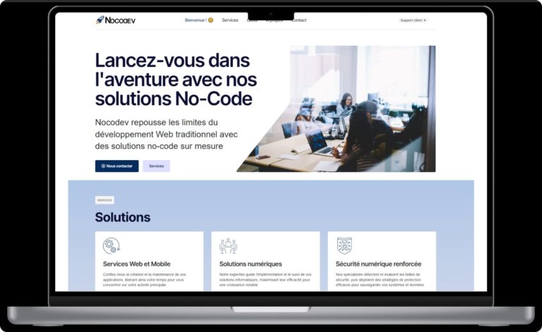 Présentation du site d'une agence web no code, Nocodev.io, créé en partenariat avec Sandra WebMaker.